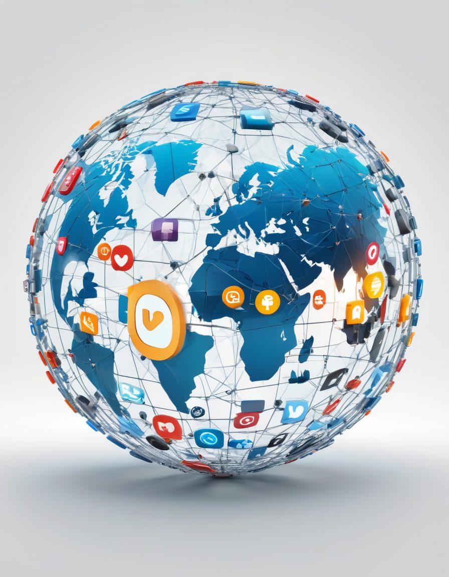 A digital shield encasing a glowing globe, representing online protection, surrounded by various social media icons and positive reviews, symbolizing reputation management. The background features an abstract network of connections, illustrating the online world. Bright and professional color scheme with a futuristic touch. super-realistic. vibrant colors. white background.