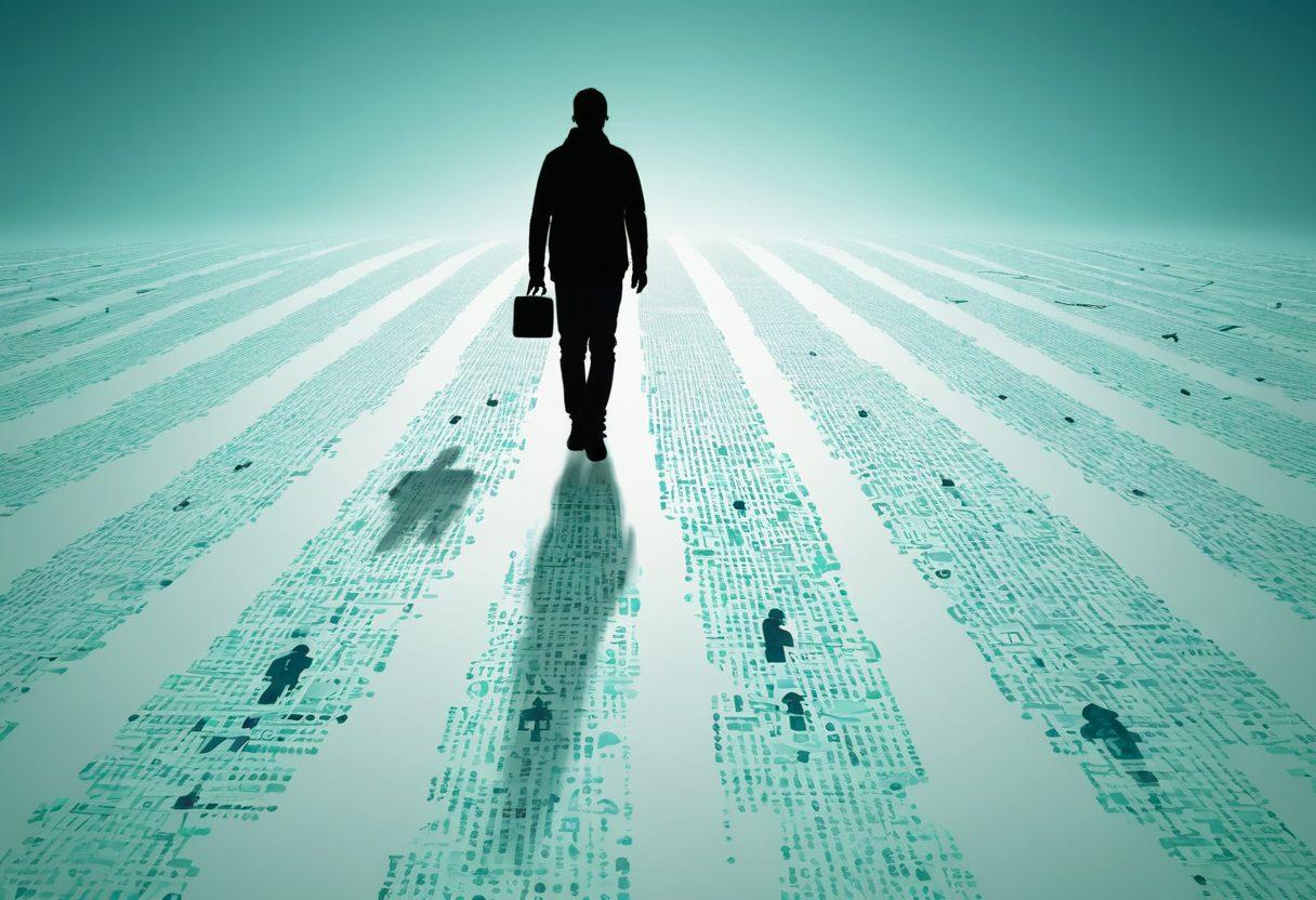 A silhouette of a person walking on a digital path made of binary code, surrounded by floating icons representing social media, data, and privacy shields. Incorporate shadows of locks and footprints behind them, symbolizing digital footprints. Use a gradient of blue and green tones for a techy feel. surrealism. vibrant colors. white background.