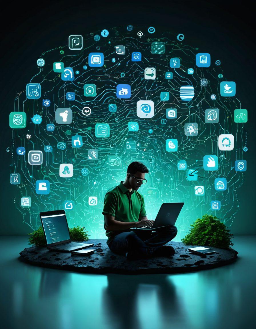 A digital landscape featuring a person pondering their digital footprint, surrounded by floating social media icons, fingerprints, and data streams. The scene transitions from a blogging environment with a laptop and coffee cup to a background check scene with magnifying glasses and digital records. Ethereal blue and green hues reflect a tech-savvy atmosphere, hinting at the exploration of online identity. super-realistic. vibrant colors. 3D.